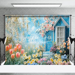 Aperturee - Aperturee Tulip Oil Painting Blue House Floral Spring Backdrop