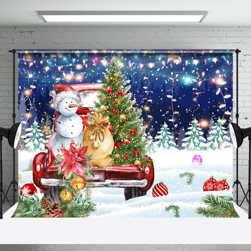 Aperturee - Aperturee Twinkle Night Snowman Trees Christmas Vibe Backdrop