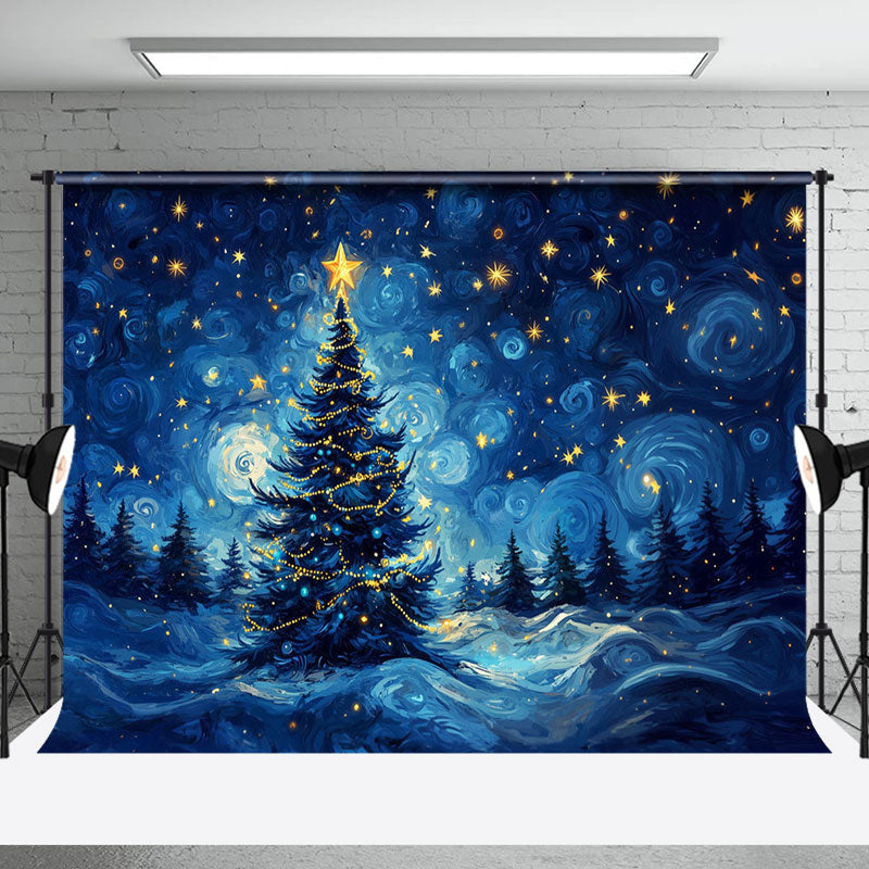 Aperturee - Aperturee Twinkling Stars Blue Sky Xmas Tree Christmas Backdrop