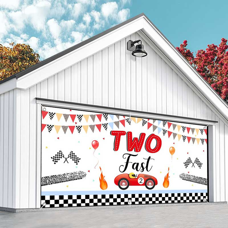 Aperturee - Aperturee Two Fast Racing Car 2Nd Birthday Garage Door Banner