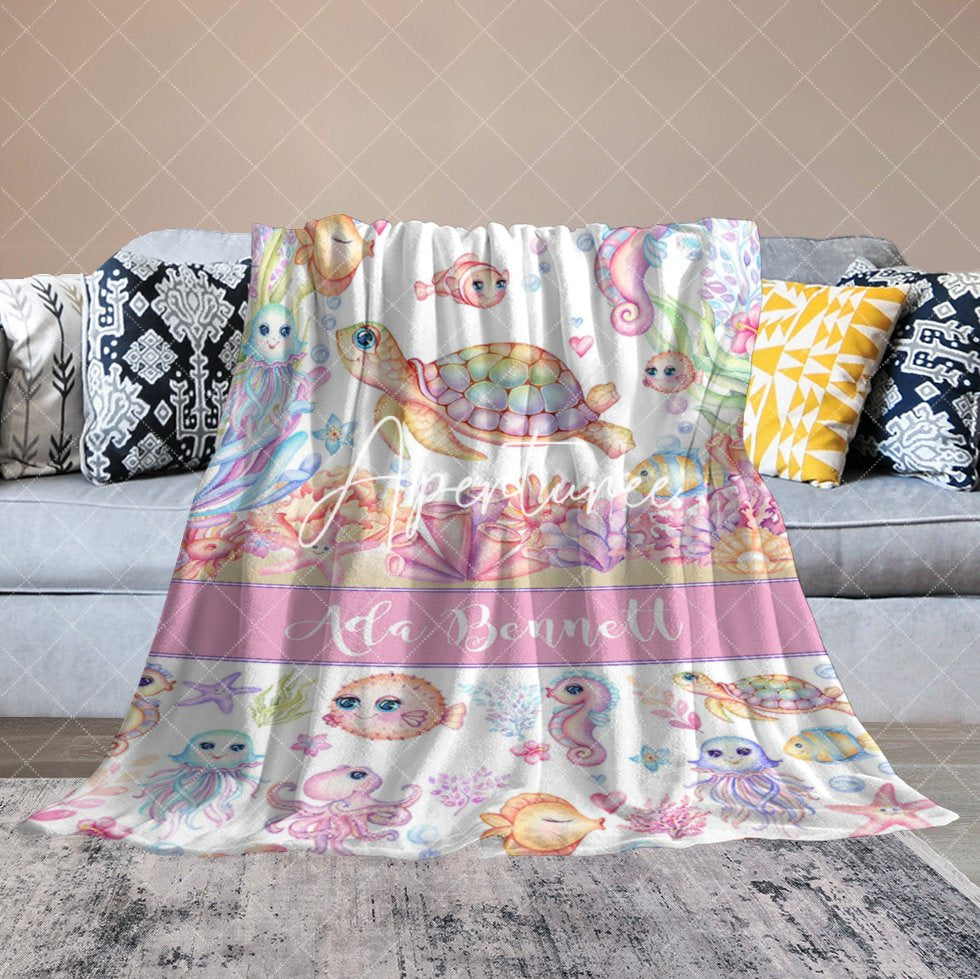 Aperturee - Aperturee Undersea Colorful Animals Custom Name Girl Blanket