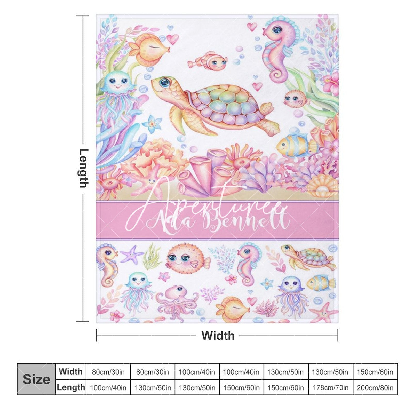 Aperturee - Aperturee Undersea Colorful Animals Custom Name Girl Blanket