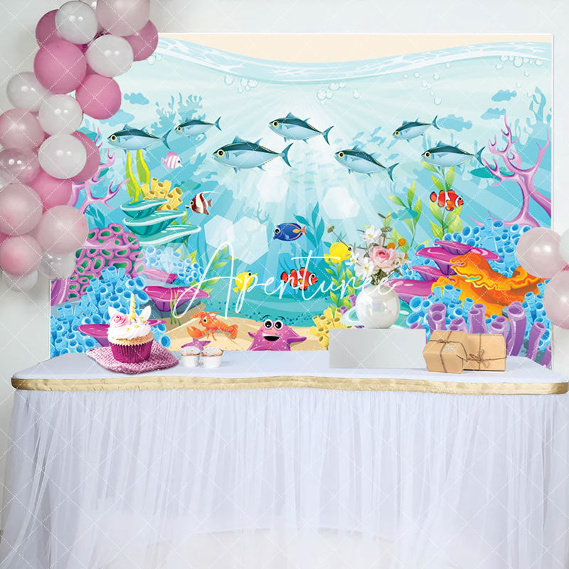 Aperturee - Aperturee Underwater Coral Starfish Cartoon Party Backdrop