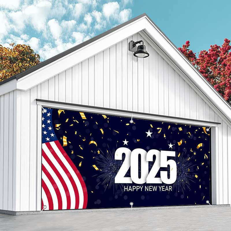 Aperturee - Aperturee Usa Flag 2025 Happy New Year Garage Door Banner