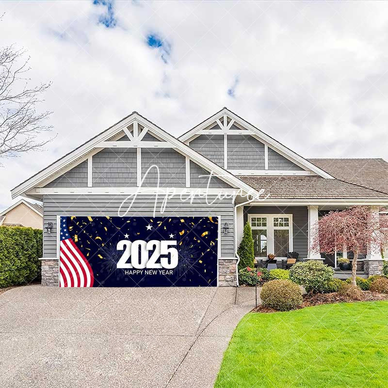 Aperturee - Aperturee Usa Flag 2025 Happy New Year Garage Door Banner