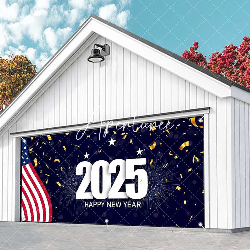 Aperturee - Aperturee Usa Flag 2025 Happy New Year Garage Door Banner