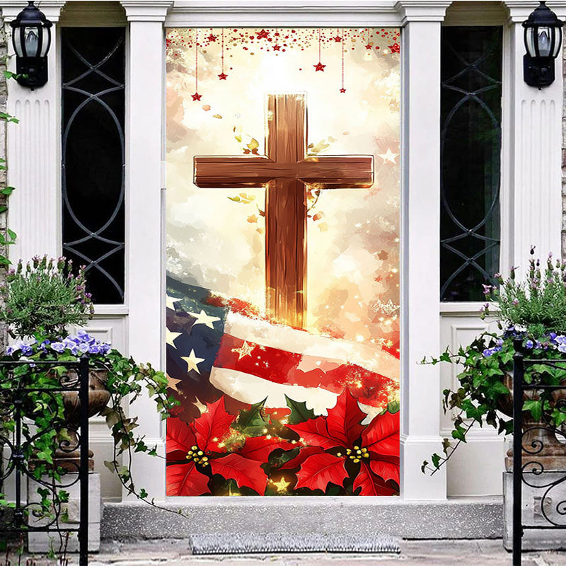 Aperturee - Aperturee Usa Flag Red Poinsettia Cross Christmas Door Cover