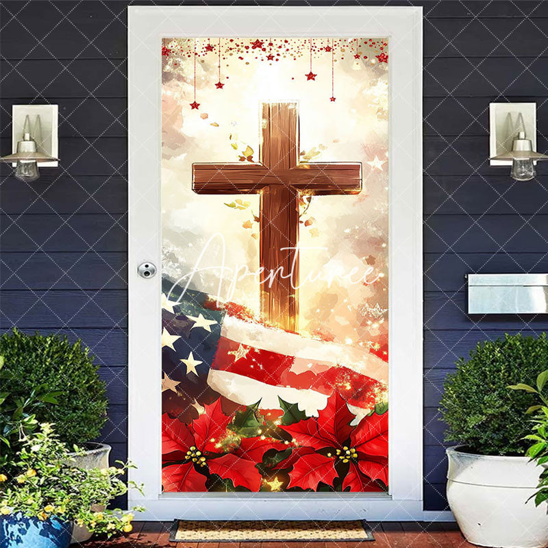 Aperturee - Aperturee Usa Flag Red Poinsettia Cross Christmas Door Cover