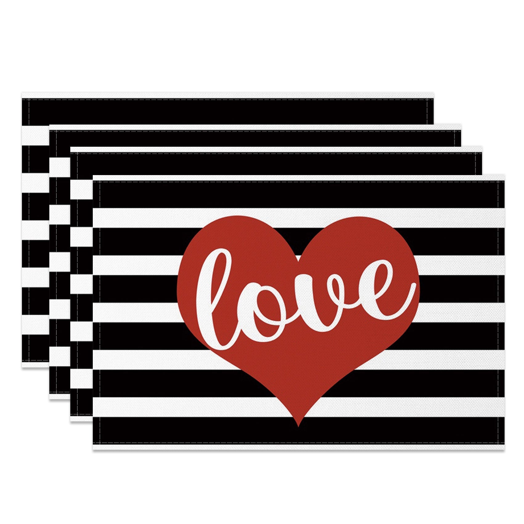 Aperturee - Aperturee Valentines Love Black White Stripe Set Of 4 Placemats