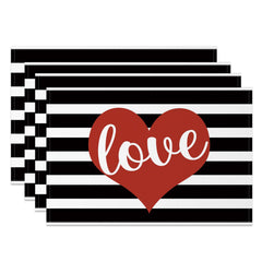 Aperturee - Aperturee Valentines Love Black White Stripe Set Of 4 Placemats