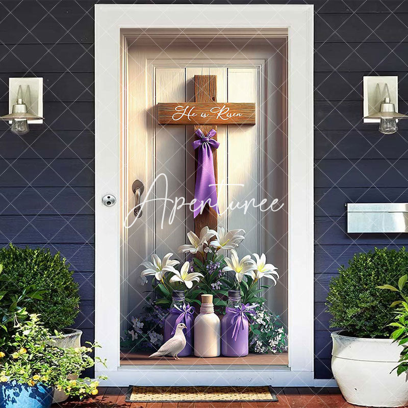 Aperturee - Aperturee Vase Floral Wood Cross He Is Risen Easter Door Cover