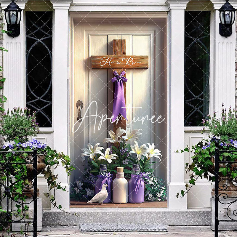 Aperturee - Aperturee Vase Floral Wood Cross He Is Risen Easter Door Cover