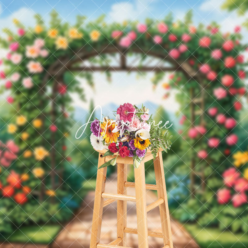 Aperturee - Aperturee Vibrant Garden Archway Rose Hydrangea View Backdrop