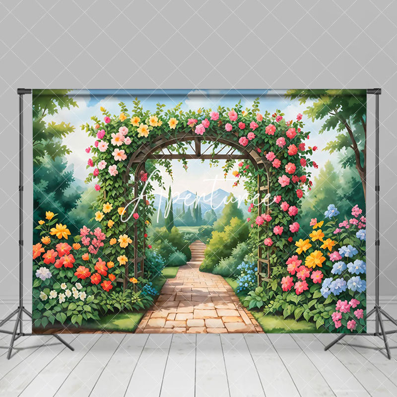 Aperturee - Aperturee Vibrant Garden Archway Rose Hydrangea View Backdrop