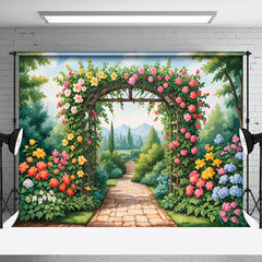 Aperturee - Aperturee Vibrant Garden Archway Rose Hydrangea View Backdrop