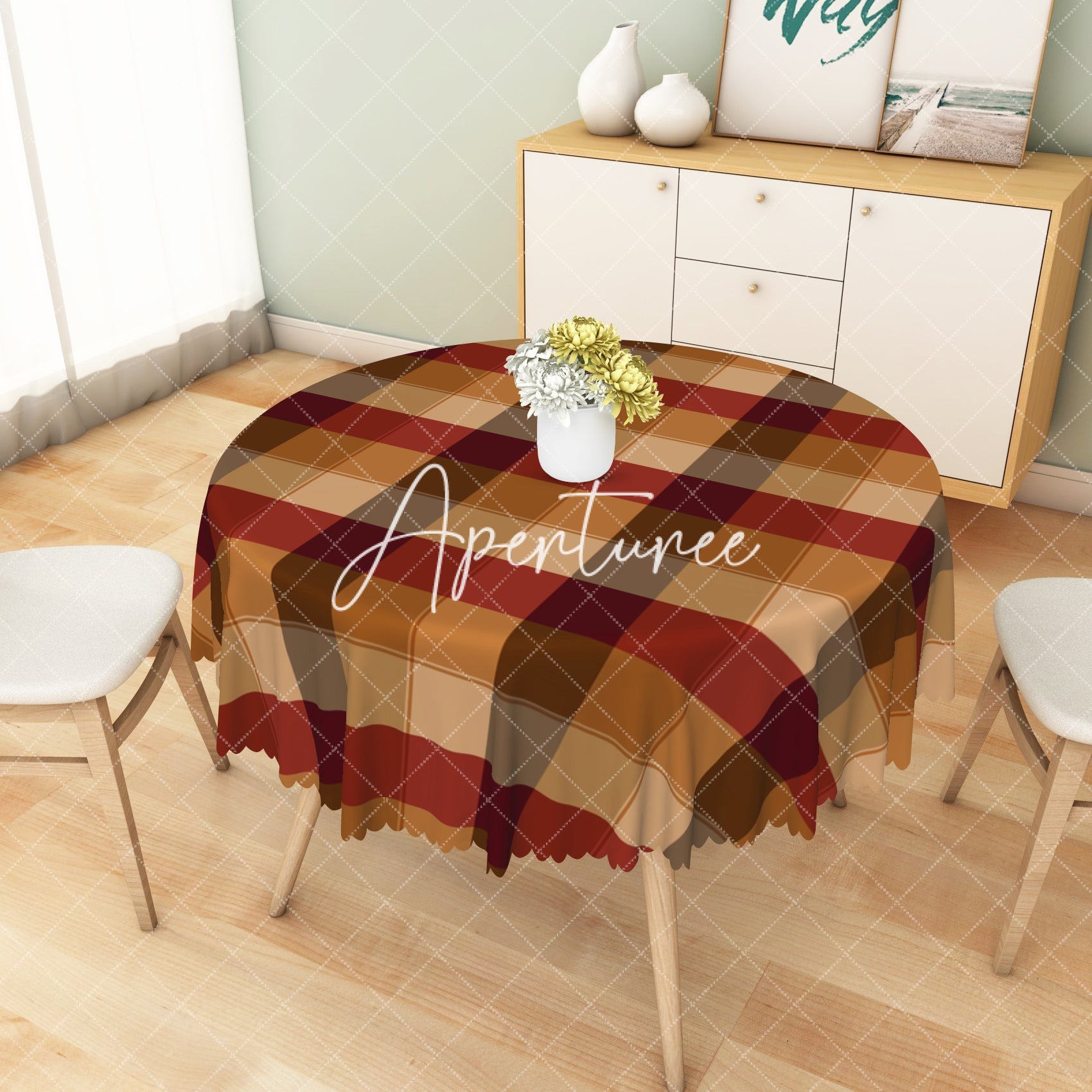 Aperturee - Aperturee Vibrant Red Brown Beige Checker Pattern Tablecloth