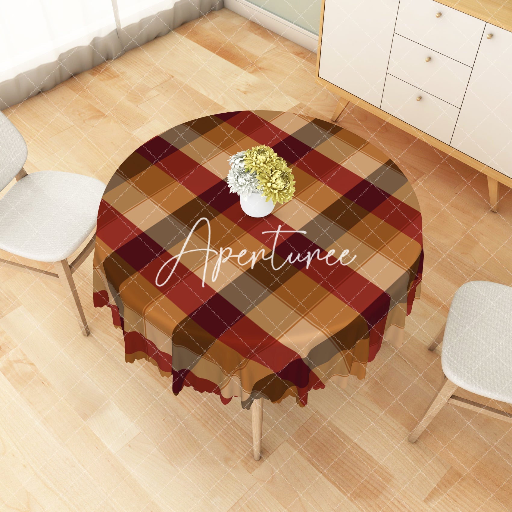 Aperturee - Aperturee Vibrant Red Brown Beige Checker Pattern Tablecloth