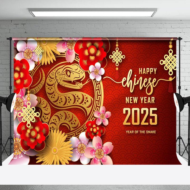 Aperturee - Aperturee Vibrant Red Flower Snake Chinese New Year Celebration Backdrop