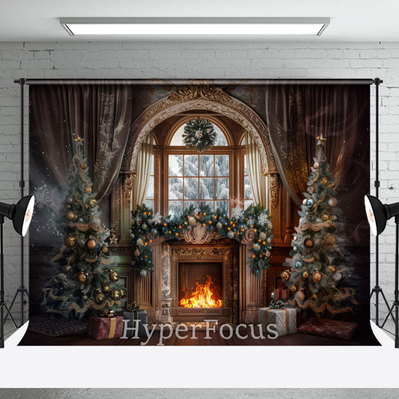 Aperturee - Aperturee Vinatge Curtain Xmas Trees Christmas Photo Backdrop