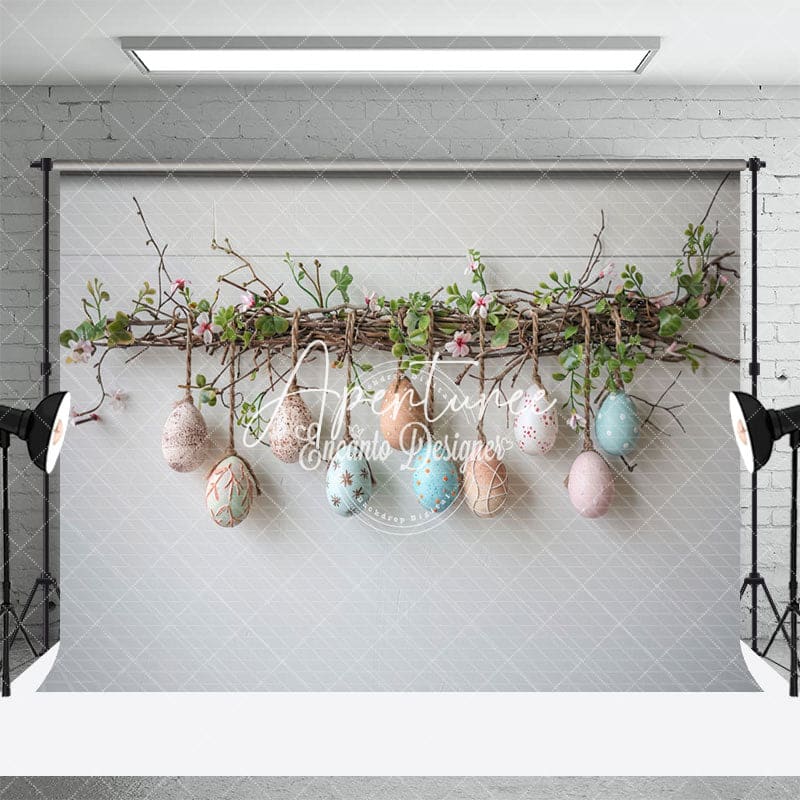 Aperturee - Aperturee Vine Hanging Colorful Eggs Simple Easter Backdrop