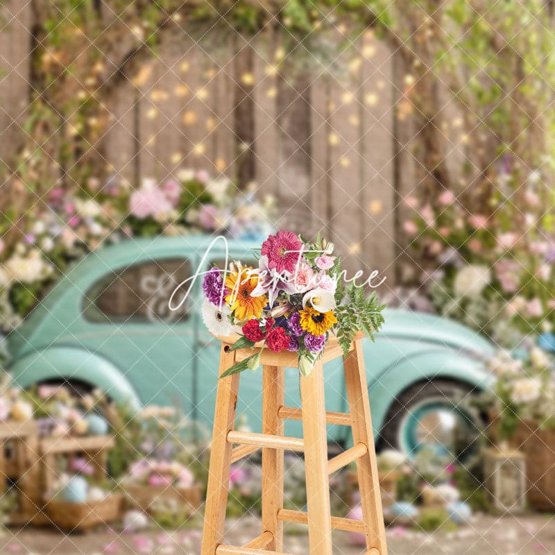 Aperturee - Aperturee Vintage Blue Car Adorned Flowers Festive Backdrop