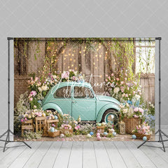 Aperturee - Aperturee Vintage Blue Car Adorned Flowers Festive Backdrop