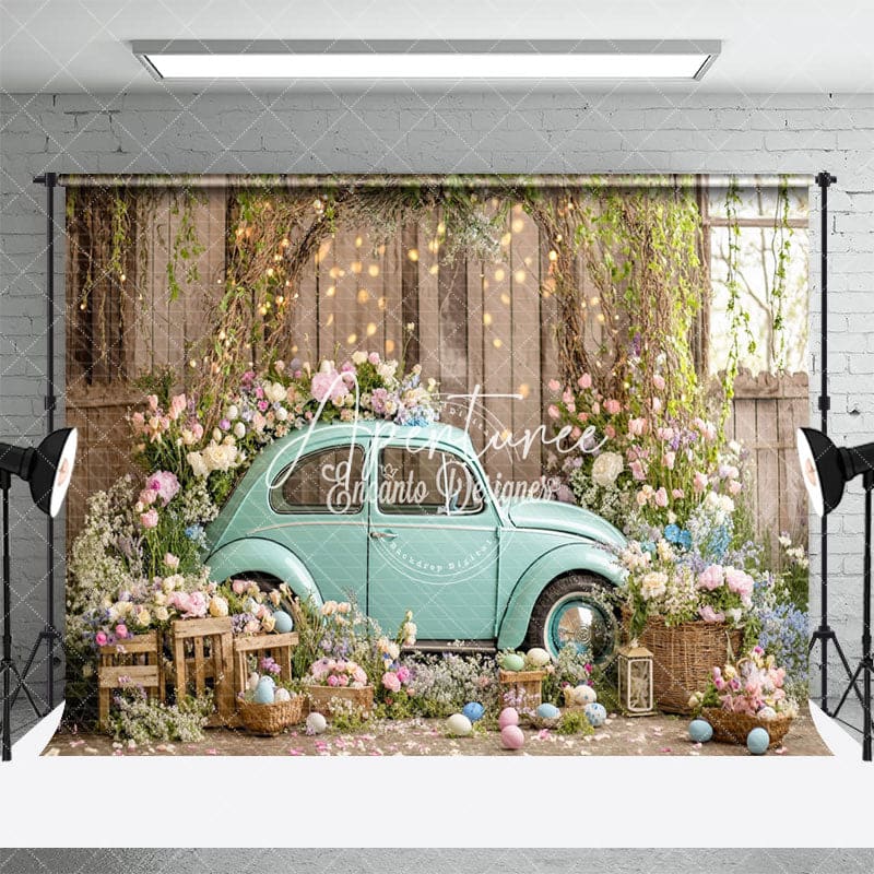 Aperturee - Aperturee Vintage Blue Car Adorned Flowers Festive Backdrop