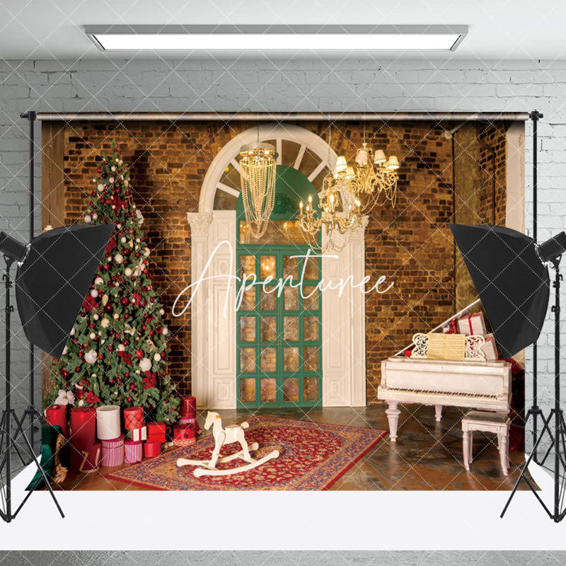 Aperturee - Aperturee Vintage Brick Wall Door Tree Piano Christmas Backdrop