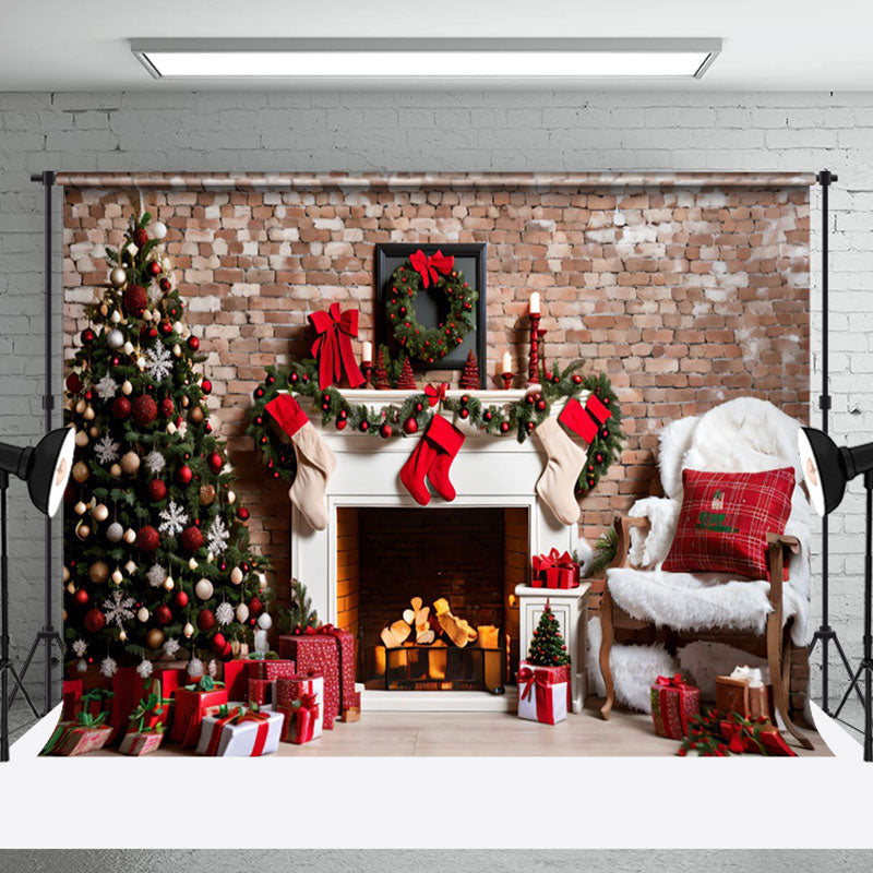 Aperturee - Aperturee Vintage Brick Wall Fireplace Sofa Christmas Backdrop