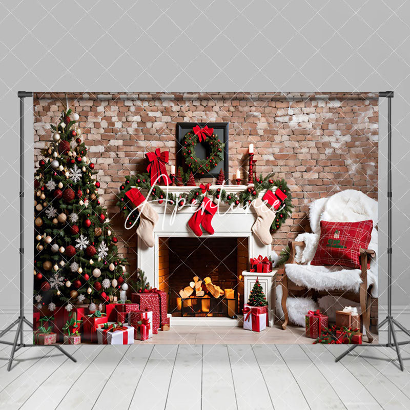 Aperturee - Aperturee Vintage Brick Wall Fireplace Sofa Christmas Backdrop