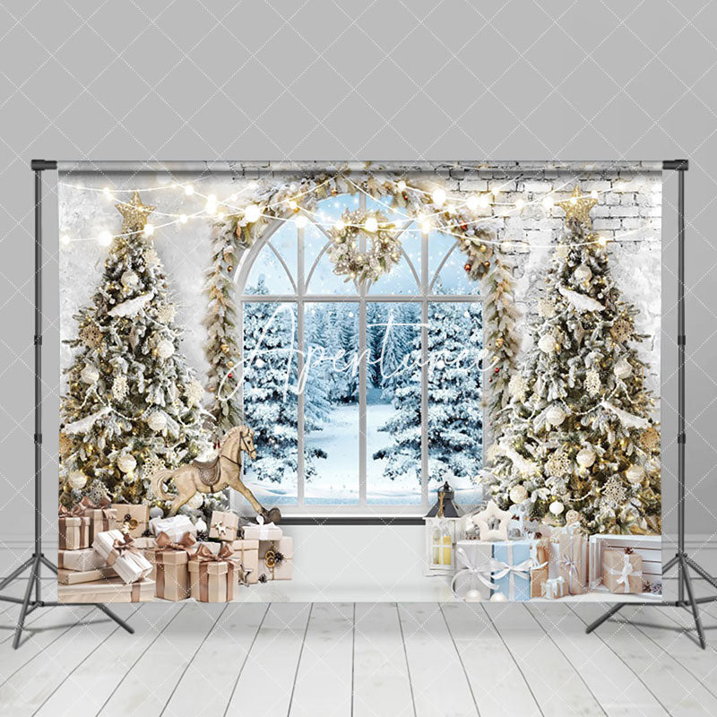 Aperturee - Aperturee Vintage Brick Wall Window Snow Forest Xmas Backdrop