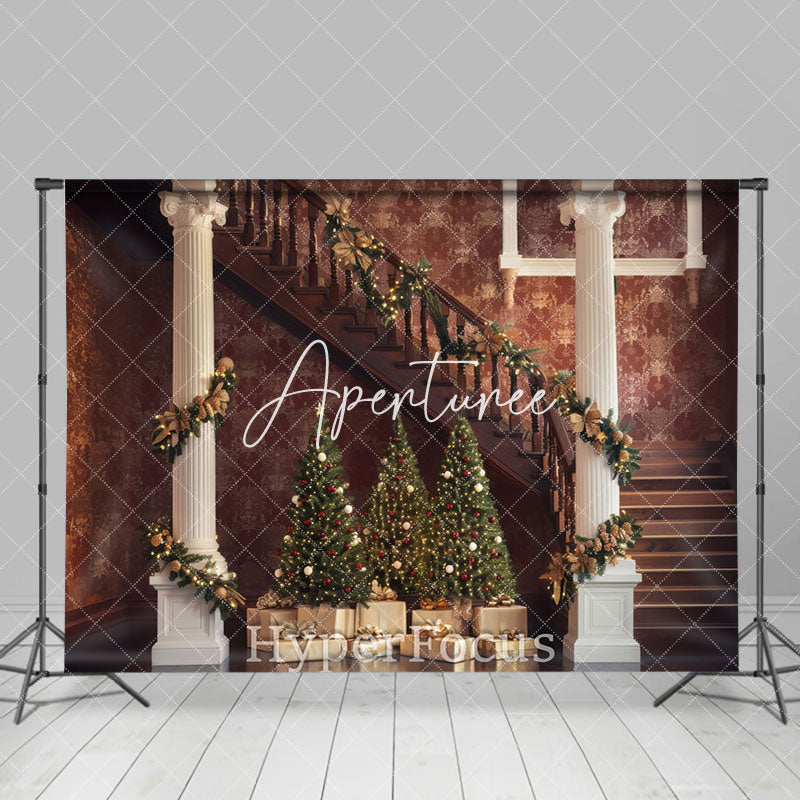 Aperturee - Aperturee Vintage Brown Christmas Vibe Stairs Photo Backdrop