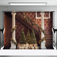 Aperturee - Aperturee Vintage Brown Christmas Vibe Stairs Photo Backdrop