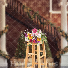 Aperturee - Aperturee Vintage Brown Christmas Vibe Stairs Photo Backdrop