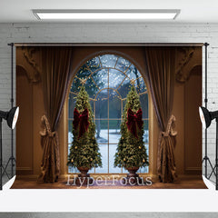 Aperturee - Aperturee Vintage Brown Curtain Tree Window Christmas Backdrop