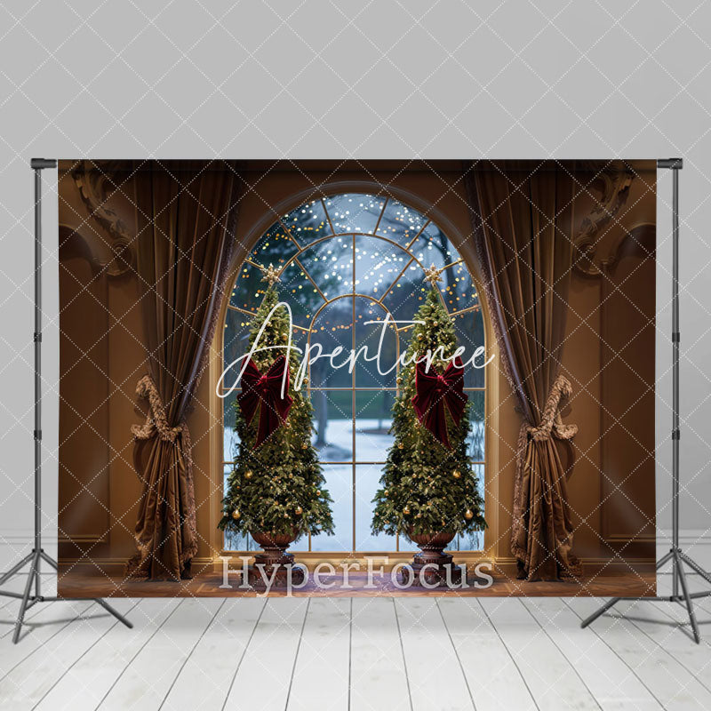 Aperturee - Aperturee Vintage Brown Curtain Tree Window Christmas Backdrop