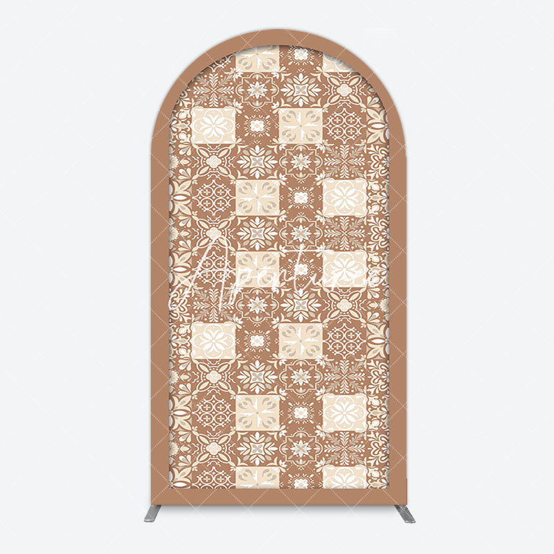 Aperturee - Aperturee Vintage Brown Plaid Floral Pattern Arch Backdrop