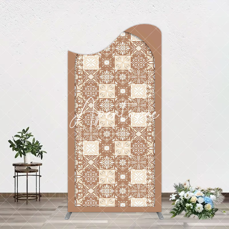 Aperturee - Aperturee Vintage Brown Plaid Floral Pattern Arch Backdrop