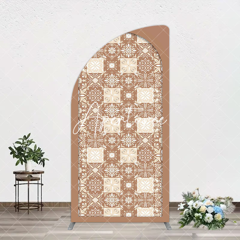 Aperturee - Aperturee Vintage Brown Plaid Floral Pattern Arch Backdrop