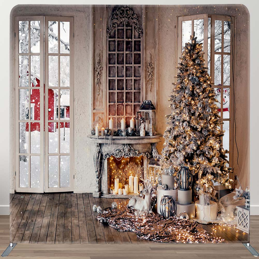 Aperturee - Aperturee Vintage Fireplace Christmas Tension Fabric Backdrop