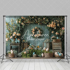 Aperturee - Aperturee Vintage Floral Haystack Basket Eggs Easter Backdrop