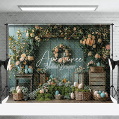 Aperturee - Aperturee Vintage Floral Haystack Basket Eggs Easter Backdrop