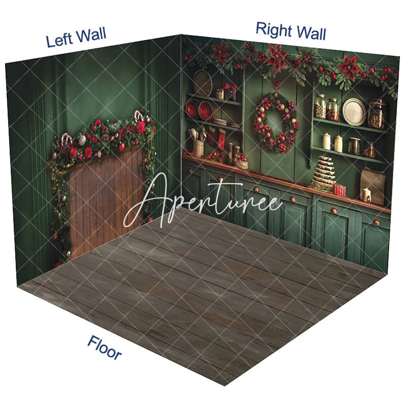 Aperturee - Aperturee Vintage Green Christmas Kitchen Room Set Backdrop