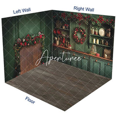 Aperturee - Aperturee Vintage Green Christmas Kitchen Room Set Backdrop