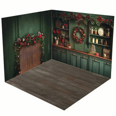 Aperturee - Aperturee Vintage Green Christmas Kitchen Room Set Backdrop