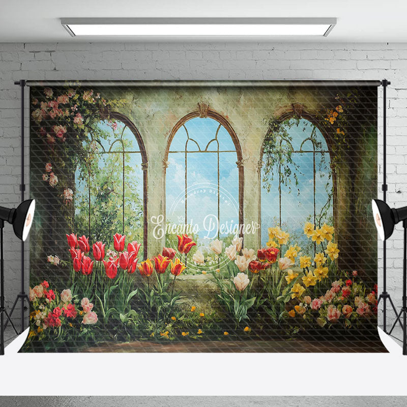 Aperturee - Aperturee Vintage Green Mural Window Floral Spring Backdrop