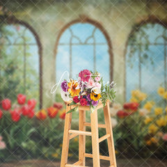 Aperturee - Aperturee Vintage Green Mural Window Floral Spring Backdrop