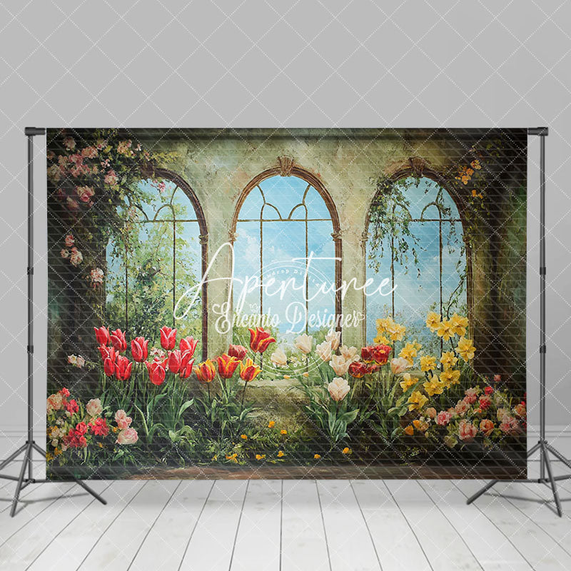 Aperturee - Aperturee Vintage Green Mural Window Floral Spring Backdrop