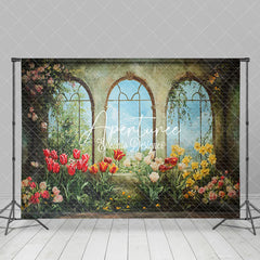 Aperturee - Aperturee Vintage Green Mural Window Floral Spring Backdrop