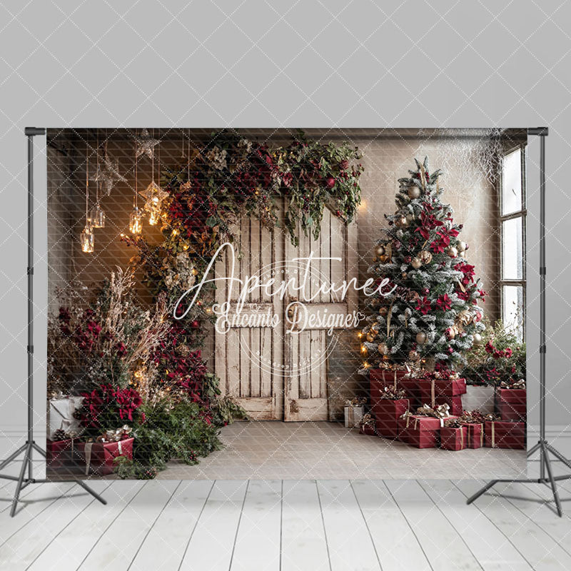 Aperturee - Aperturee Vintage House Winter Christmas Tree Photography Backdrop